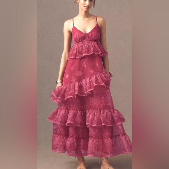 NWT, Let Me Be Sleeveless Sheer Tiered Midi Dress by Anthropologie pink size M - Picture 1 of 8